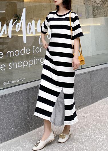 Modern striped cotton tunic pattern patchwork hem Robe summer Dresses - SooLinen
