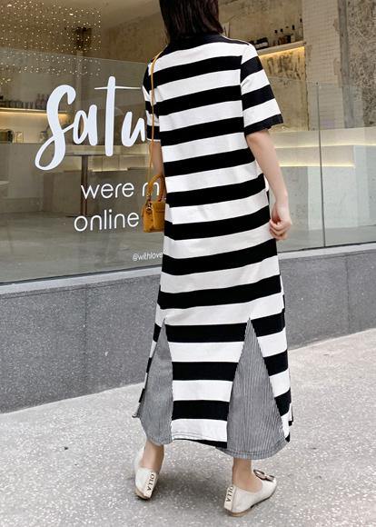 Modern striped cotton tunic pattern patchwork hem Robe summer Dresses - SooLinen