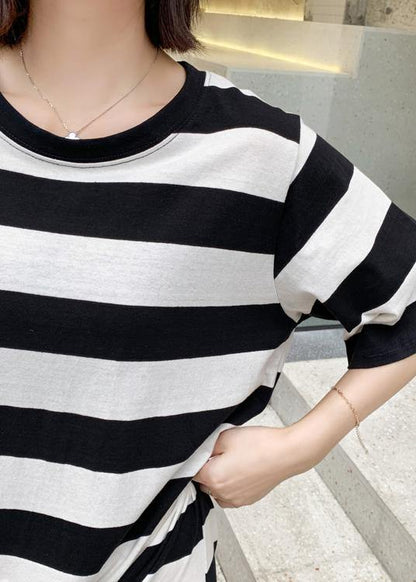 Modern striped cotton tunic pattern patchwork hem Robe summer Dresses - SooLinen