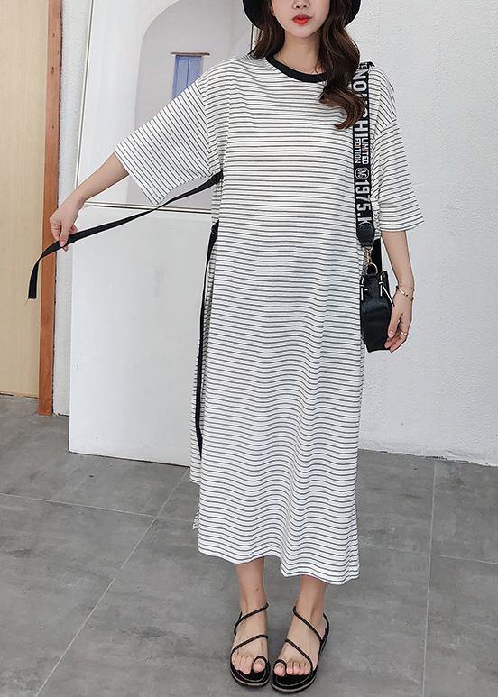 Modern striped cotton tunic pattern tie waist Robe summer Dress - SooLinen