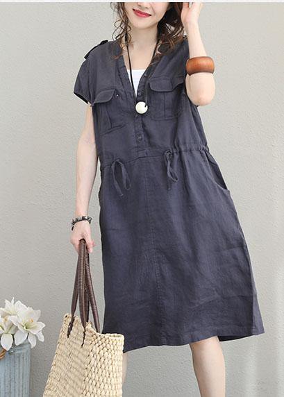 Modern v neck drawstring linen summer clothes Cotton navy Dresses - SooLinen