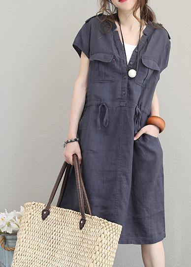 Modern v neck drawstring linen summer clothes Cotton navy Dresses - SooLinen