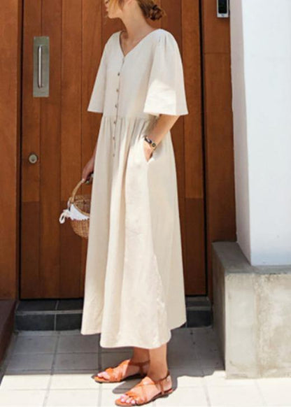 Modern v neck flare sleeve cotton linen summer dress Runway beige Dresses - SooLinen