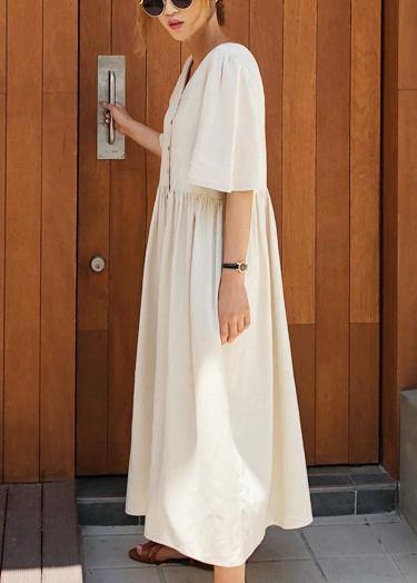 Modern v neck flare sleeve cotton linen summer dress Runway beige Dresses - SooLinen