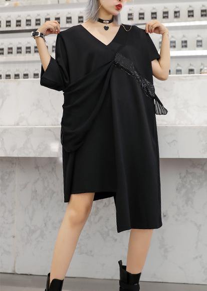 Modern v neck patchwork Cotton dress Catwalk black Dresses summer - SooLinen