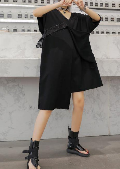 Modern v neck patchwork Cotton dress Catwalk black Dresses summer - SooLinen