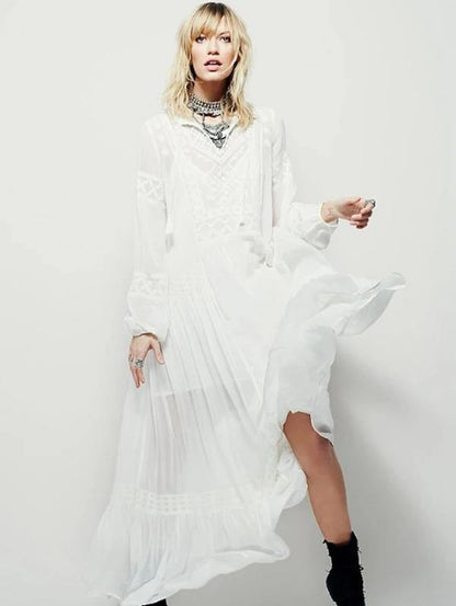 Modern v neck patchwork cotton spring Tunics Runway white Dress - SooLinen