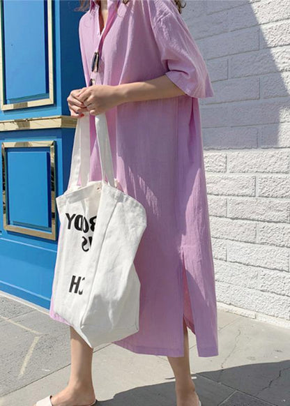 Modern v neck side open linen cotton clothes For Women Shirts purple Dress - SooLinen