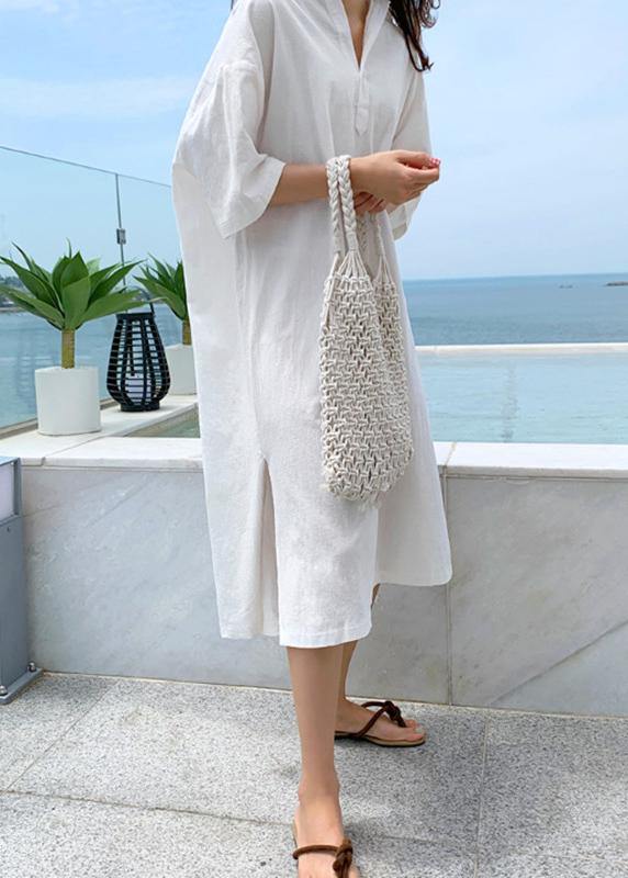 Modern v neck side open linen cotton clothes For Women Shirts purple Dress - SooLinen