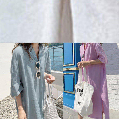 Modern v neck side open linen cotton clothes For Women Shirts purple Dress - SooLinen