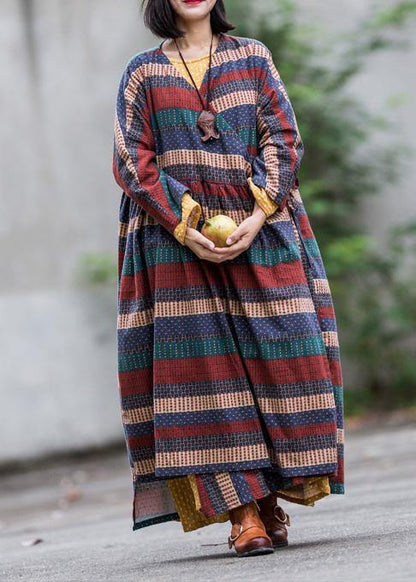 Modern v neck tie waist linen cotton dresses Shirts multicolor striped Dress spring - SooLinen