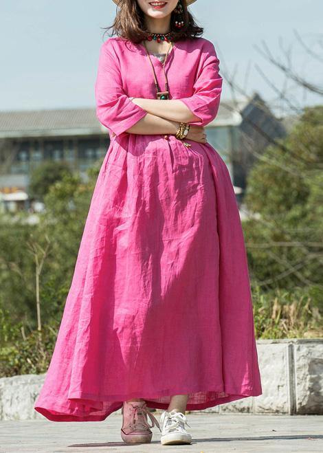 Modern v neck Cinched linen dresses Neckline rose Dress summer - SooLinen