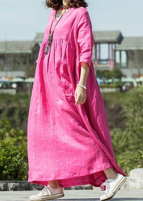 Modern v neck Cinched linen dresses Neckline rose Dress summer - SooLinen