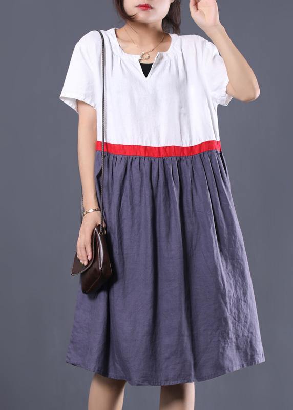 Modern white patchwork linen clothes v neck summer Dress - SooLinen