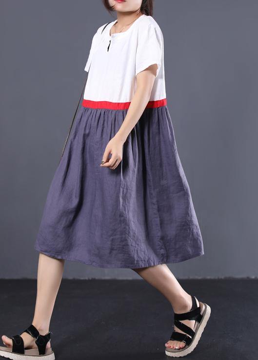 Modern white patchwork linen clothes v neck summer Dress - SooLinen