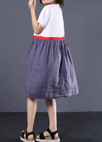 Modern white patchwork linen clothes v neck summer Dress - SooLinen