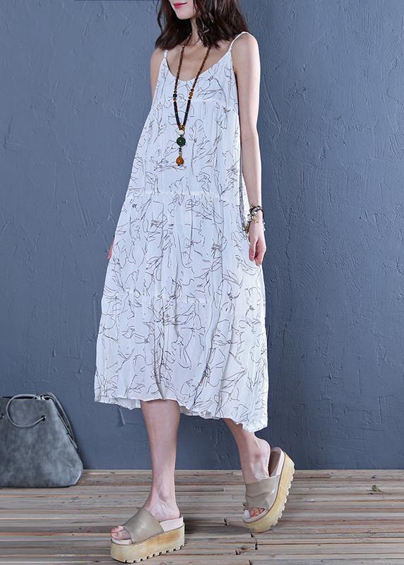 Modern white print cotton clothes For Women Spaghetti Strap Maxi  Dress - SooLinen