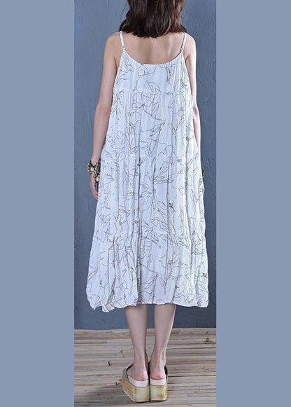 Modern white print cotton clothes For Women Spaghetti Strap Maxi  Dress - SooLinen