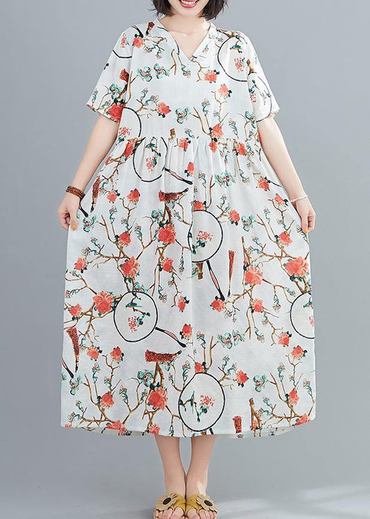 Modern white print tunics for women v neck short sleeve Art summer Dresses - SooLinen