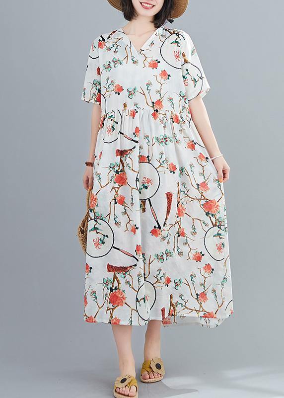 Modern white print tunics for women v neck short sleeve Art summer Dresses - SooLinen