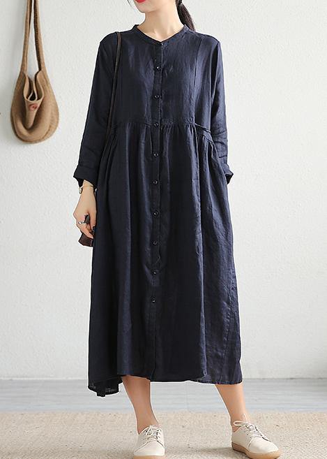 Modern Cinched pockets linen outfit Outfits navy Dress spring - SooLinen