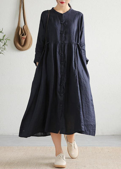 Modern Cinched pockets linen outfit Outfits navy Dress spring - SooLinen