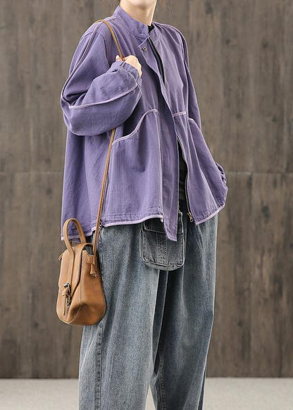 Modern zippered pockets crane tops Work Outfits purple top - SooLinen