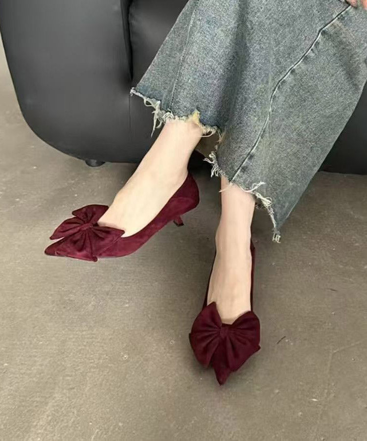 Mulberry Kitten Heels Suede 2025 Splicing Bow Pointed Toe