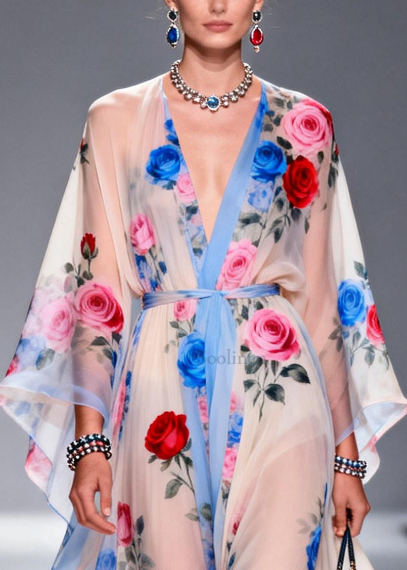 Multicolored Floral Print Chiffon Maxi Dress Tie Waist Summer