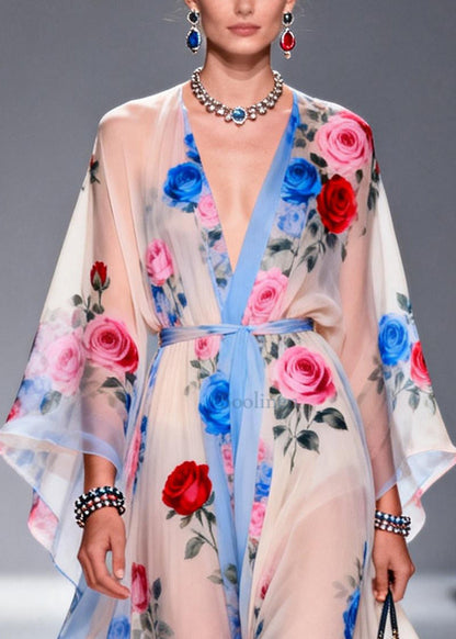 Multicolored Floral Print Chiffon Maxi Dress Tie Waist Summer