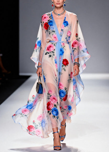 Multicolored Floral Print Chiffon Maxi Dress Tie Waist Summer