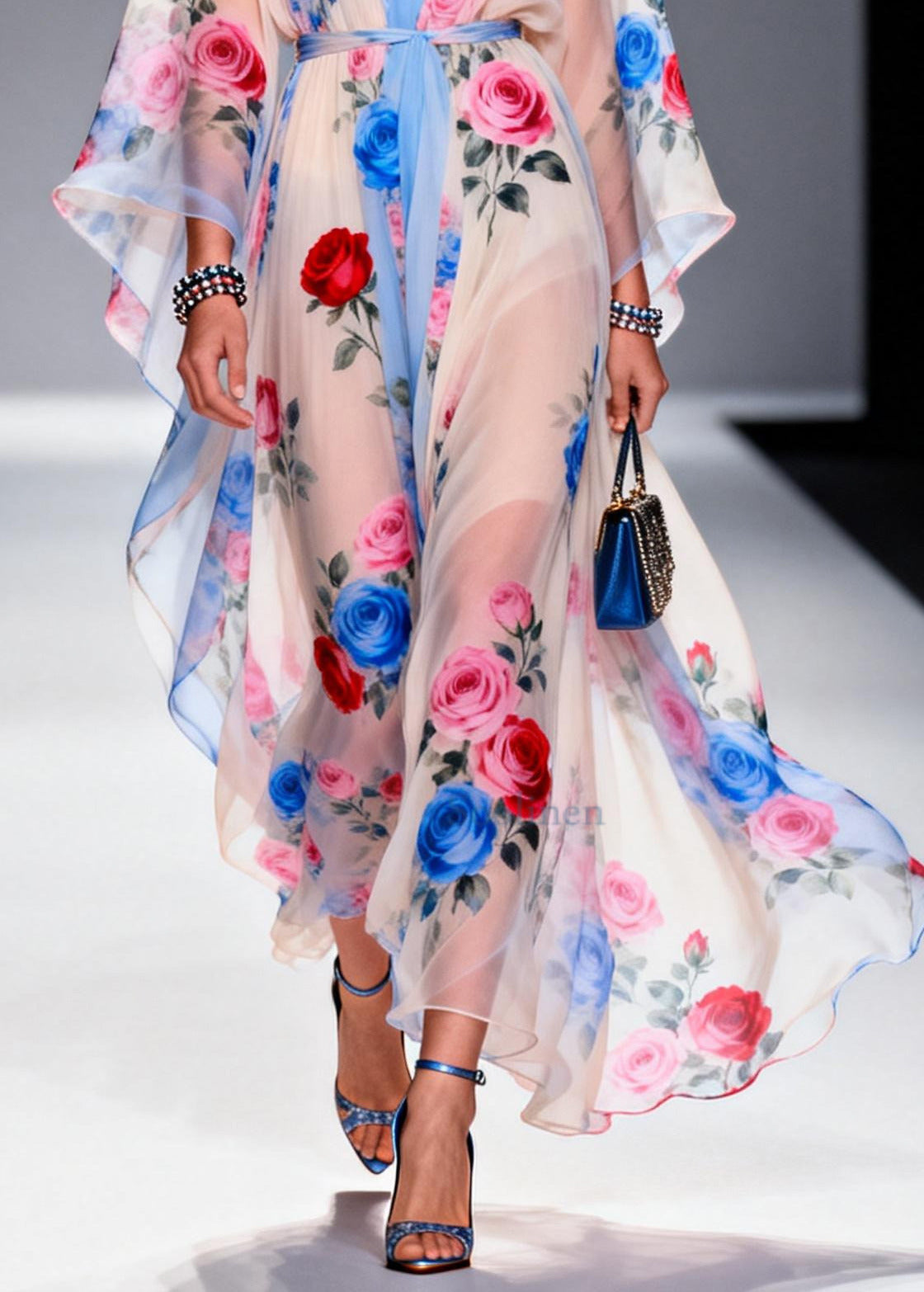 Multicolored Floral Print Chiffon Maxi Dress Tie Waist Summer