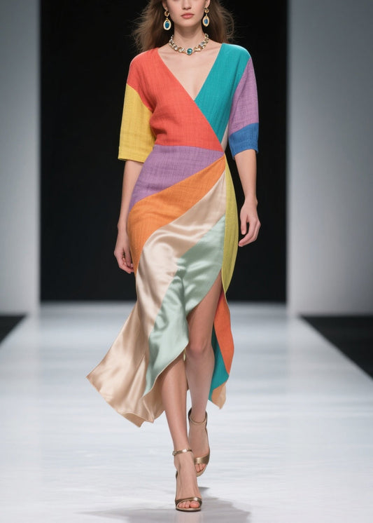 Multicolored Patchwork Linen Silk Holiday Dress Asymmetrical Side Open Summer
