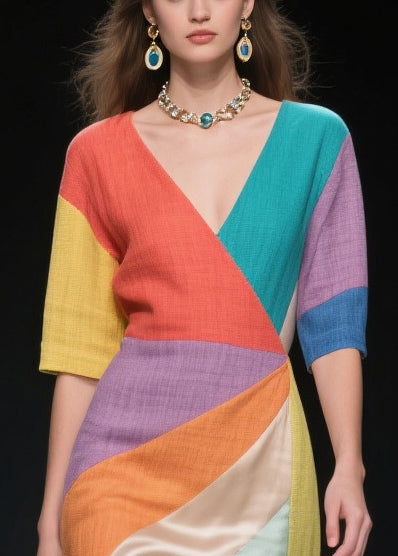 Multicolored Patchwork Linen Silk Holiday Dress Asymmetrical Side Open Summer