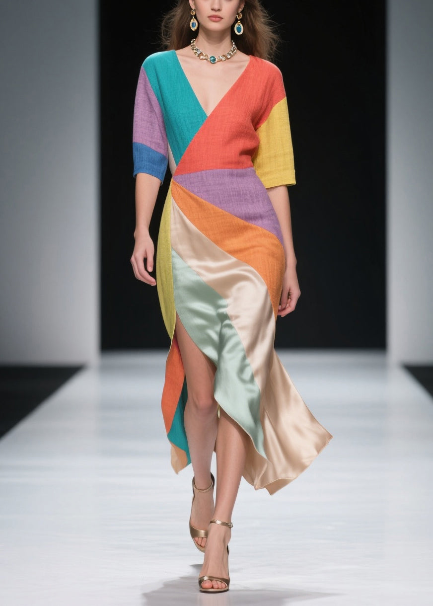 Multicolored Patchwork Linen Silk Holiday Dress Asymmetrical Side Open Summer