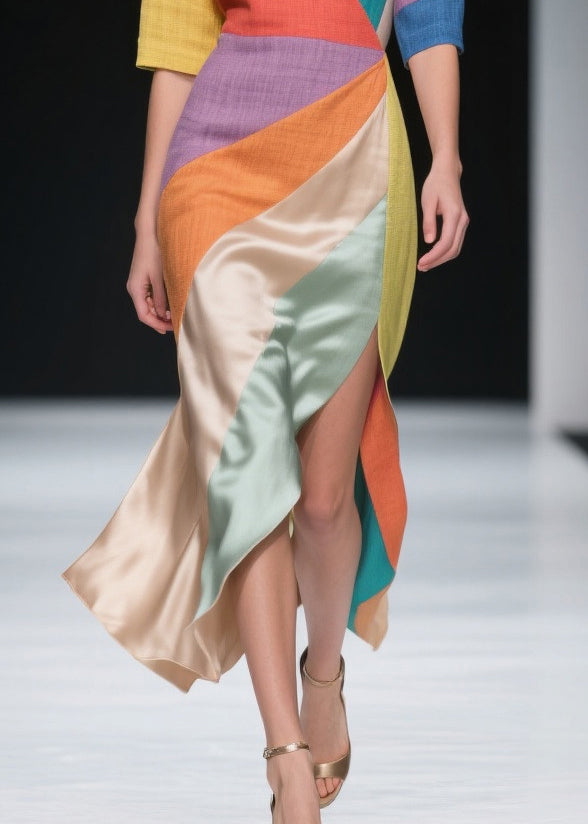 Multicolored Patchwork Linen Silk Holiday Dress Asymmetrical Side Open Summer