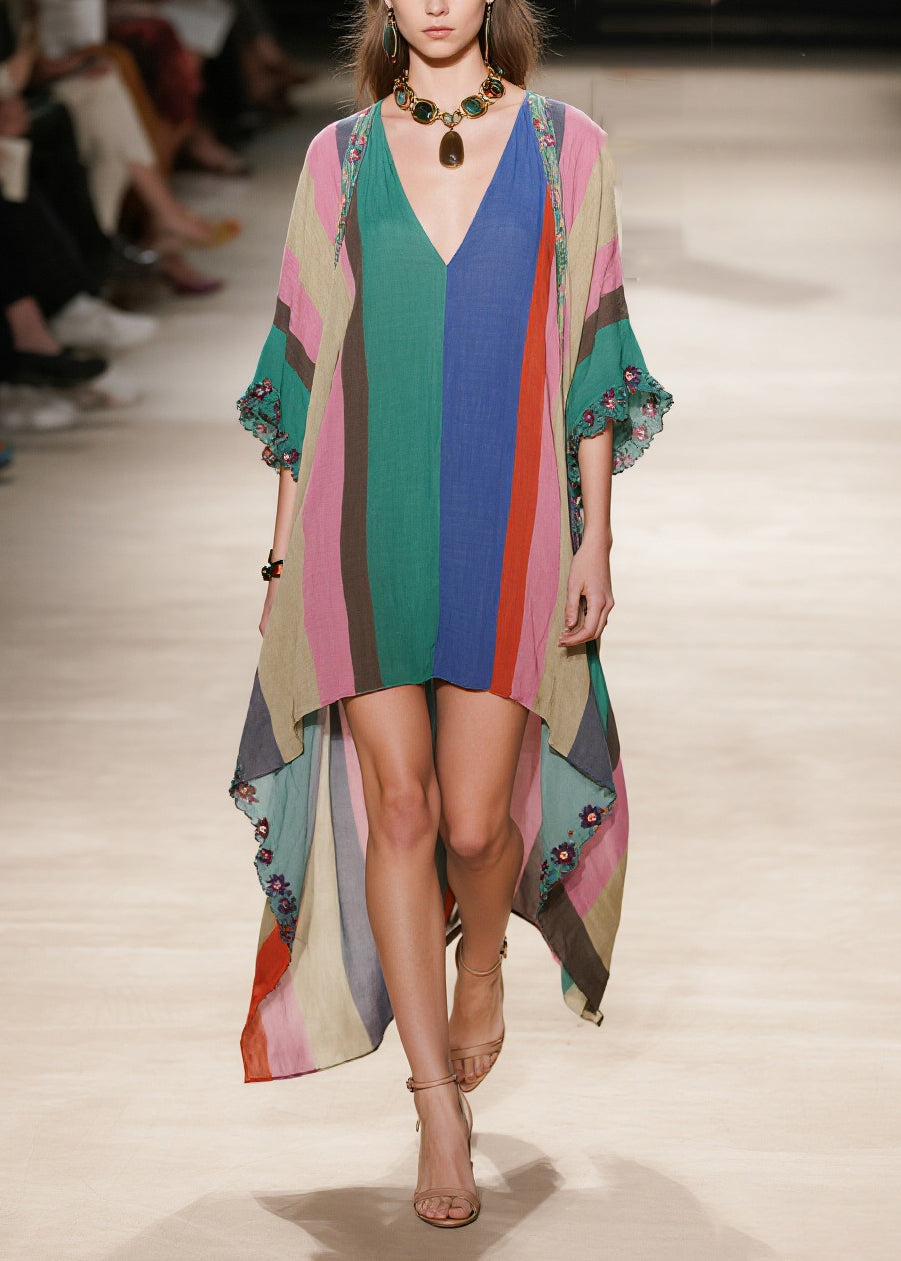 Multicolored Striped Cotton Long Dress Ruffled Low High Design Half Sleeve