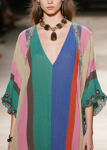 Multicolored Striped Cotton Long Dress Ruffled Low High Design Half Sleeve