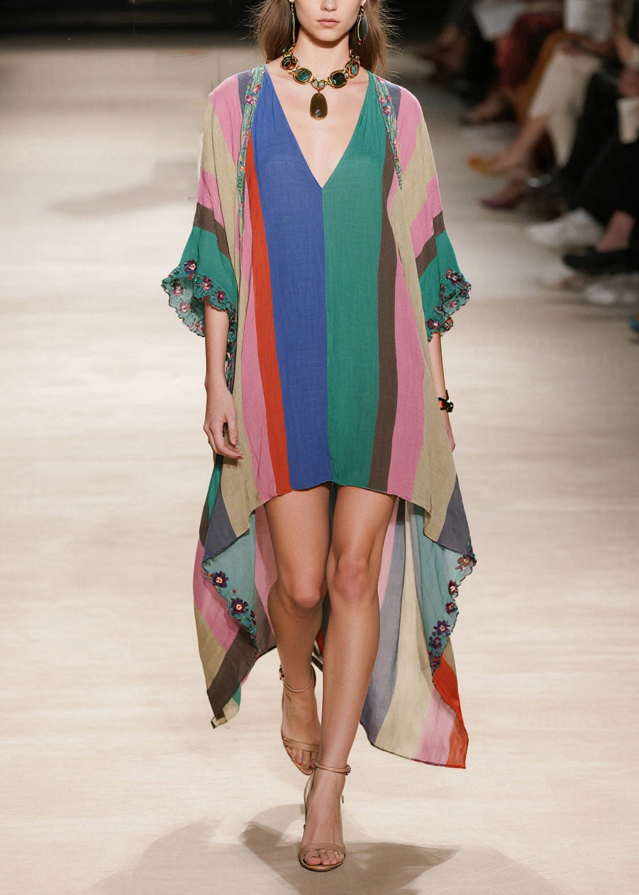 Multicolored Striped Cotton Long Dress Ruffled Low High Design Half Sleeve