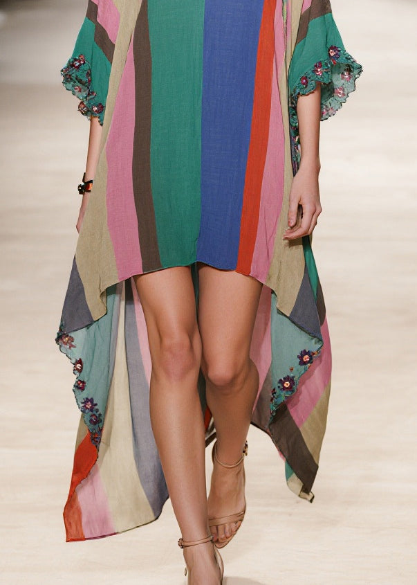 Multicolored Striped Cotton Long Dress Ruffled Low High Design Half Sleeve