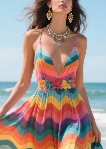 Multicolour Striped Patchwork Lace Vacation Dresses Deep-V Neck Summer