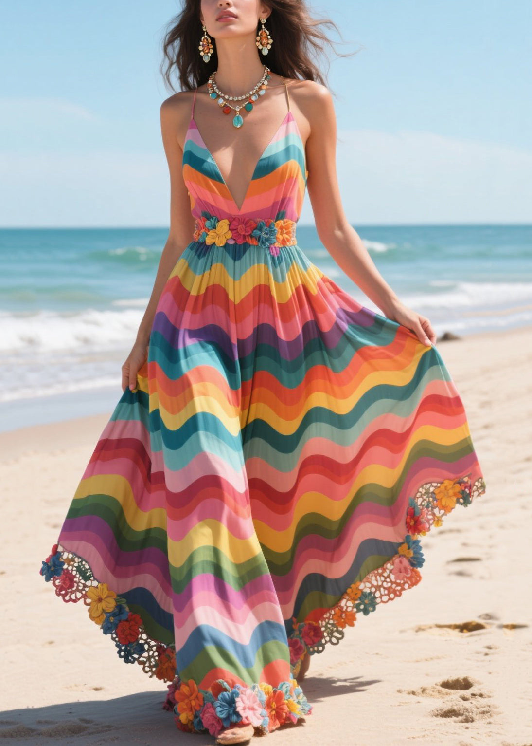 Multicolour Striped Patchwork Lace Vacation Dresses Deep-V Neck Summer