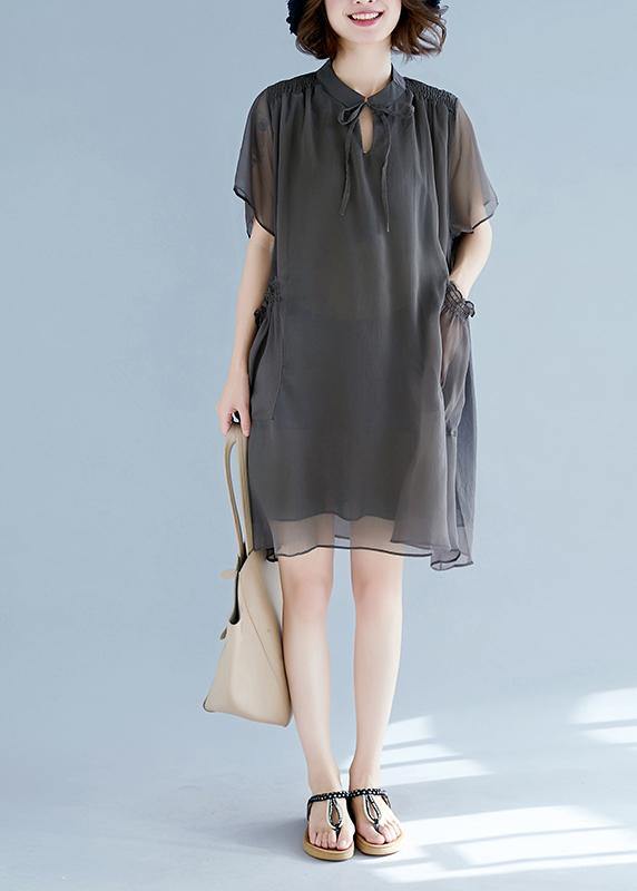 Mu stand collar pockets chiffon Women plus size Shirts khaki A Line Dress Summer - SooLinen