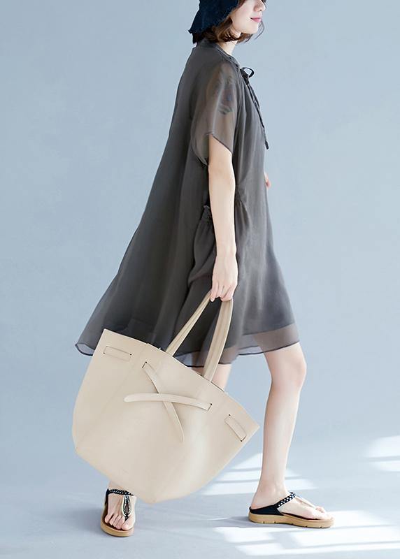 Mu stand collar pockets chiffon Women plus size Shirts khaki A Line Dress Summer - SooLinen