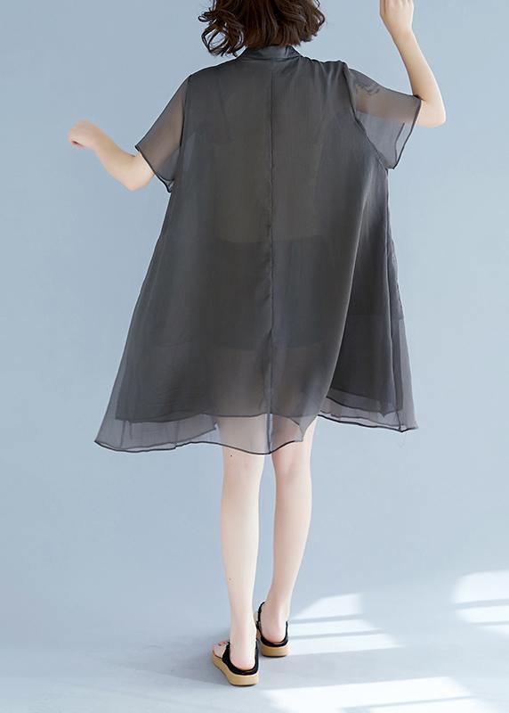 Mu stand collar pockets chiffon Women plus size Shirts khaki A Line Dress Summer - SooLinen