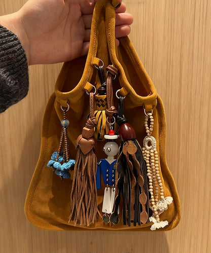 National Style Khaki Tasseled Fine Suede Tote Handbag
