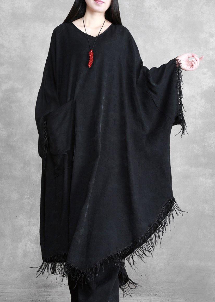 Black Tasseled Silk Linen Cape Dress Caftans Plus Size outfits - SooLinen