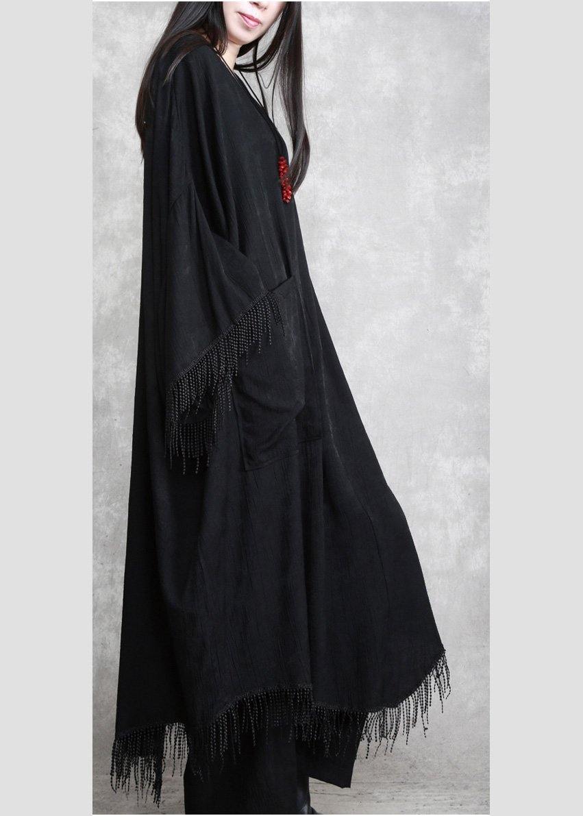 Black Tasseled Silk Linen Cape Dress Caftans Plus Size outfits - SooLinen