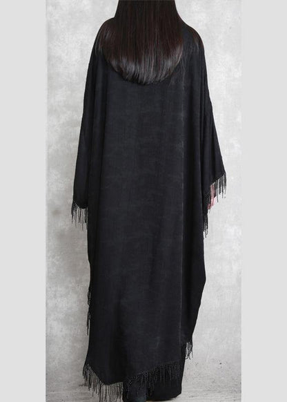 Black Tasseled Silk Linen Cape Dress Caftans Plus Size outfits - SooLinen