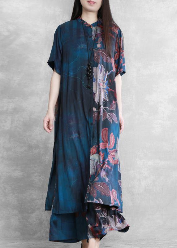 National wind blue color matching suit summer five-point sleeves loose two-piece suit - SooLinen